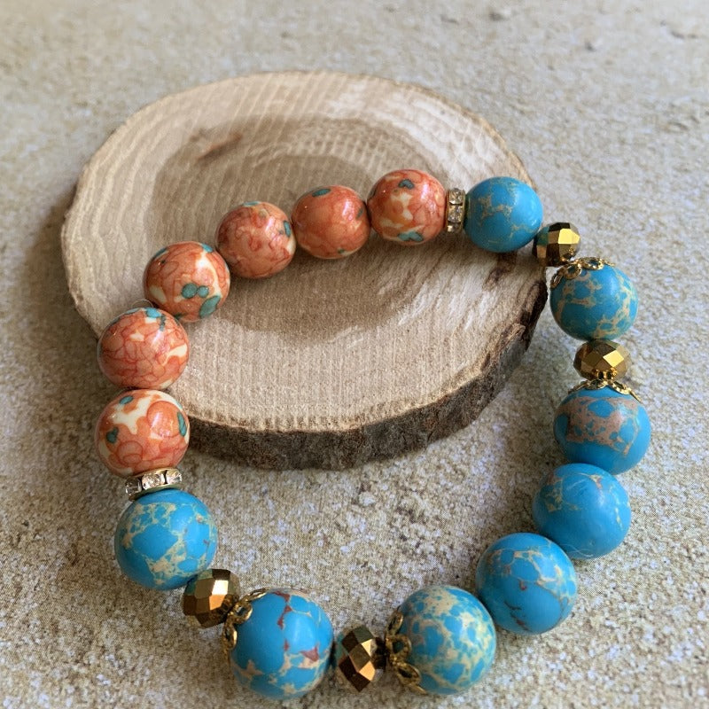 Peach Blue Gold Stretch Bracelet