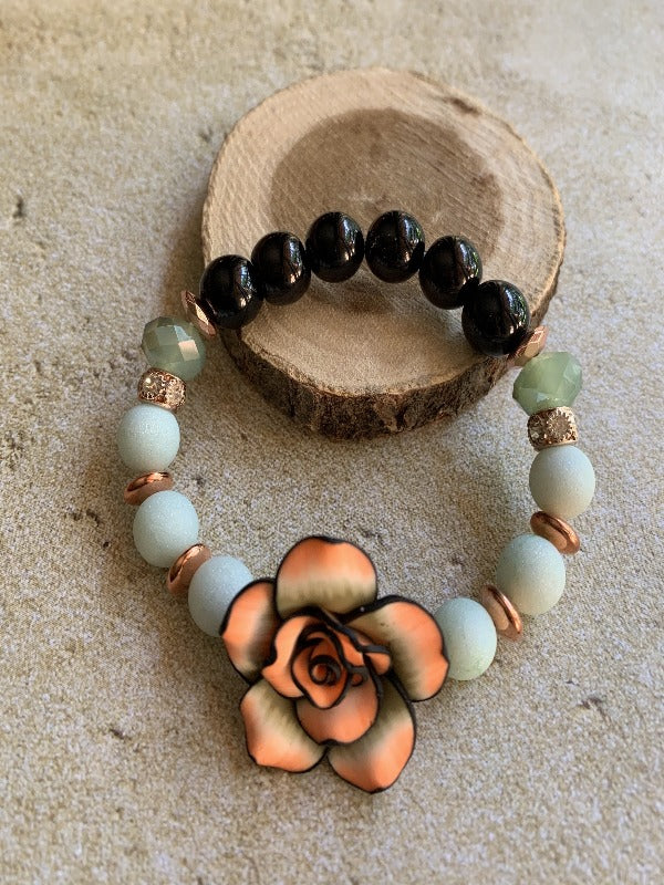 Peach Green Flower Stretch Bracelet