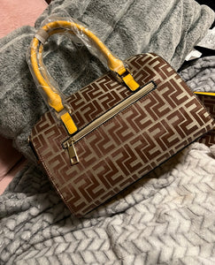Vintage Brown-Grey Monogramed Fendi Tote Bag with Brown Leather Handles